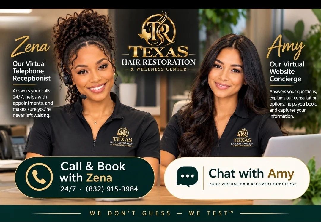 Designed introduction of Zena, the clinic's virtual telephone receptionist, and Amy, the virtual website concierge, shown in Texas Hair Restoration polo shirts beside the clinic logo
